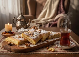Obraz premium Cozy Afternoon: Homemade Pastries, Aromatic Tea, and Warm Ambience for a Perfect Break in a Relaxing Setting