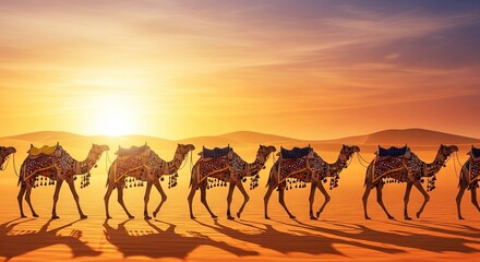 Pushkar Camel Festival gradient banner from desert gold to burnt orange, camels decorated with colorful tassels and mirrors walking under sunset