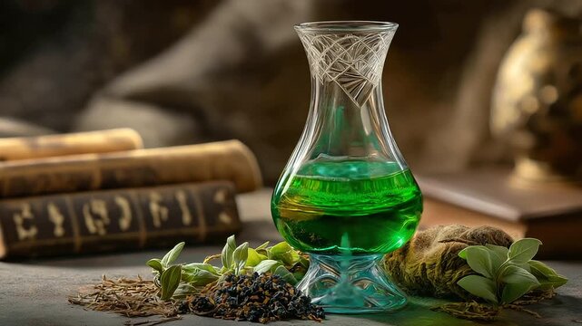 A bubbling green potion in a crystal cauldron, surrounded by dried herbs, ancient scrolls, and glowing runes. High fantasy, detailed texture. blurred background, with copy space