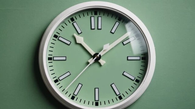 The image is a clock face on a green background. The arrows are going to show the time :  There are divisions around each digit showing the minutes. The hands of the watch are white.