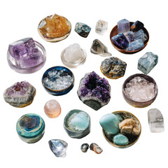 Assorted gems & crystals scattered around, some in containers