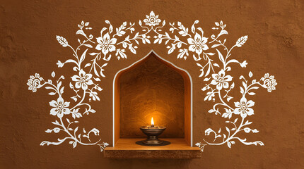 Burning candle in cozy fireplace with wooden interior and warm light