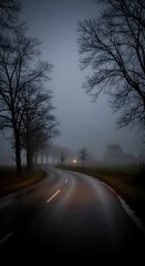Road winding through misty landscape with bare trees and soft lighting