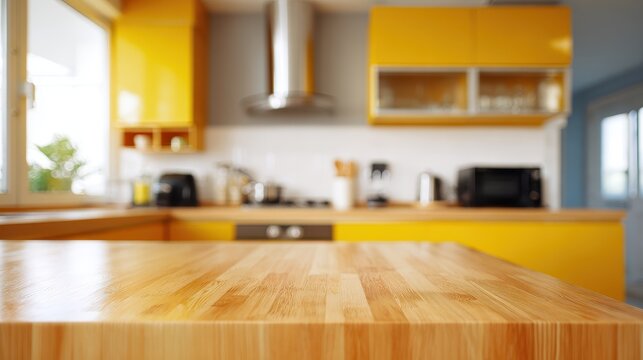 Wooden table top with blurred modern yellow kitchen interior background, can be used for display or montage