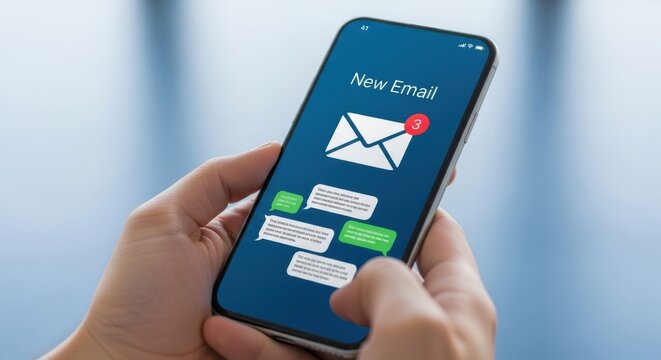 Mobile Email Application: Hands Holding Smartphone Displaying New Email Message Icon with Chat Bubbles for Digital Communication and Messaging