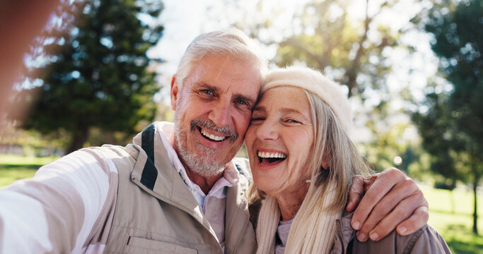 Portrait, selfie or old couple in park with hug for connection, commitment or healthy relationship. Happy people, elderly man or senior woman outdoor for embrace, love photography or bonding together - Powered by Adobe