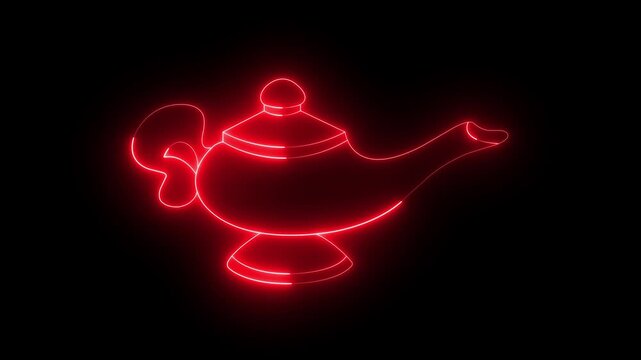 glowing neon Magic lamp or Aladdin lamp icon isolated on black background. Magic Lamp icon Animation &ndash; Aladdin Genie Fantasy Concept. Spiritual lamp for wish. Antique Arabian Lamp icon.