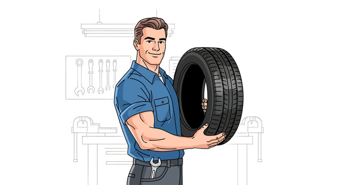 Smiling mechanic holding a car tire in a workshop setting.