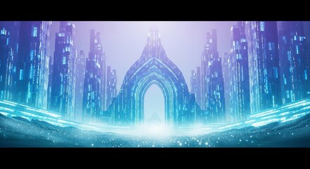 Harbin Winter Festival gradient from arctic teal to soft lilac, massive ice archways glowing from inside