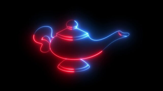glowing neon Magic lamp or Aladdin lamp icon isolated on black background. Magic Lamp icon Animation &ndash; Aladdin Genie Fantasy Concept. Spiritual lamp for wish. Antique Arabian Lamp icon.