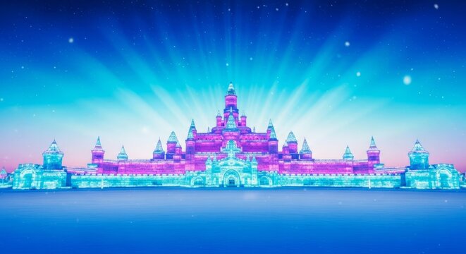 Ice and Snow Festival gradient from midnight blue to radiant cyan, massive frozen palace shining with pink and purple lights - Powered by Adobe