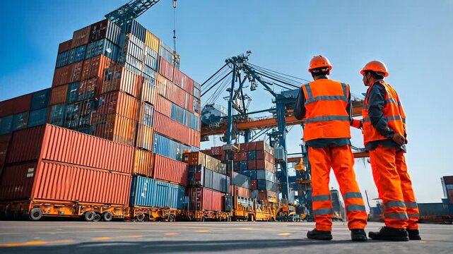 Workers in safety gear observe cargo containers & port cranes under blue sky