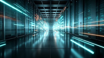 Futuristic server room hallway with glowing data light trails conveying speed - Powered by Adobe