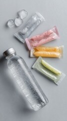 Naklejka premium Assorted frozen popsicles and chilled water bottle with ice cubes on gray background