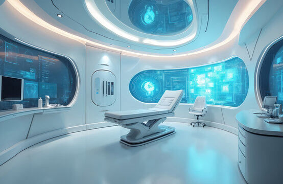 Futuristic medical office interior with advanced technology. Sleek white furniture, holographic displays. Medical bed, computer, equipment for health care, diagnostics. Modern clinic room with blue