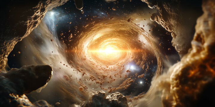 Golden spiral galaxy opening in deep space with asteroids and nebulae