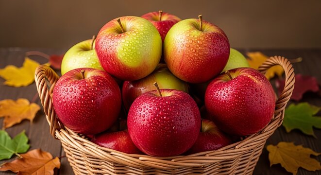 Healthy Apple gradient from pale gold to deep red, fresh apples with dew drops in wicker basket