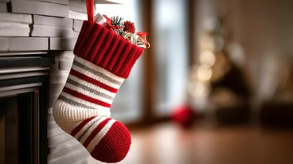 A close-up of a Christmas stocking (knitted red and white) hanging from a fireplace mantel, filled with small gifts. Traditional, warm, expectant. blurred background, with copy spa - Powered by Adobe