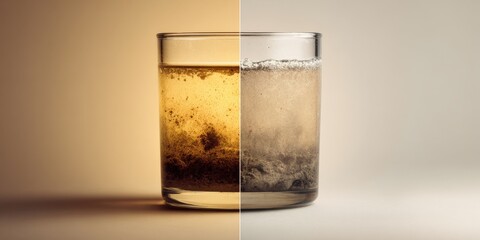 Comparison of clean and dirty water in a glass half-split image