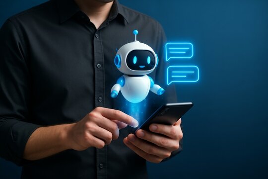 Man using smartphone interacting with floating chatbot robot and digital speech bubbles on dark background, symbolizing AI communication technology concept. Ai generative