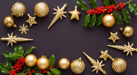 Elegant Golden Christmas Ornaments And Holly, Seamless Pattern, Holiday Sale Banner Background