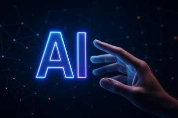 Human hand reaching toward glowing neon AI text with abstract digital network background in futuristic style, symbolizing innovation and intelligence. Ai generative
