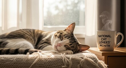 National Cat Lovers’ Month, a cute domestic cat sleeping peacefully on a soft bed near a window