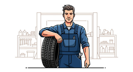A mechanic in blue overalls leans on a tire, smiling in a garage setting.
