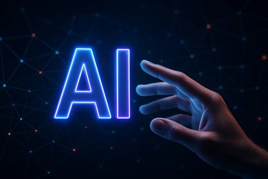 Human hand reaching toward glowing neon AI text with abstract digital network background in futuristic style, symbolizing innovation and intelligence. Ai generative