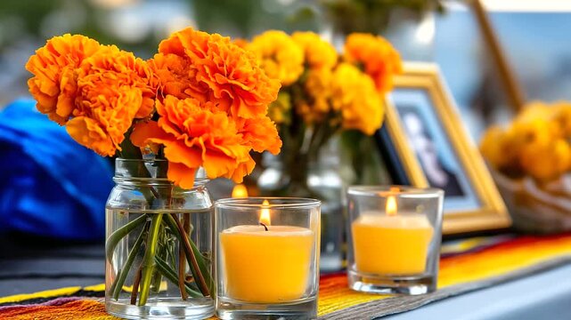 A close-up of a colorful 'ofrenda' (altar) with photo frames, bright orange marigold flowers, 'pan de muerto', and lit candles. Warm light, respectful. blurred background, with cop