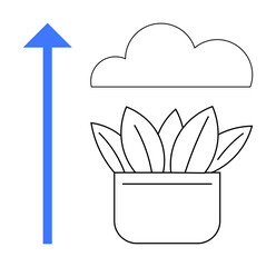 Potted plant under a cloud with upward arrow illustrating progress, growth, and eco-focus. Ideal for nature, sustainability, innovation, goals, future vision, productivity environmental values