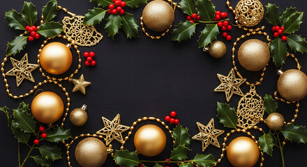Elegant Golden Christmas Ornaments And Holly, Seamless Pattern, Holiday Sale Banner Background