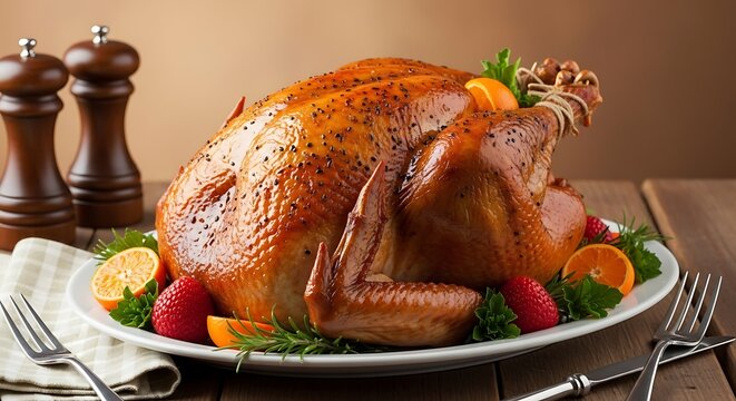 Roasted turkey on a plate with fruit and herbs ready for a feast