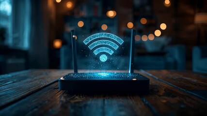 Glowing Wi-Fi Router Emitting Bright Blue Signal Waves on Wooden Table with Bokeh Lights - Powered by Adobe