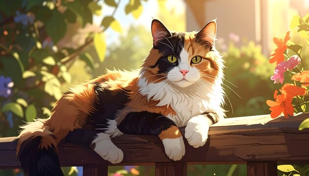 A fluffy calico cat rests on a sun-drenched wooden railing, surrounded by vibrant flowers and lush greenery. Warm sunlight bathes the scene