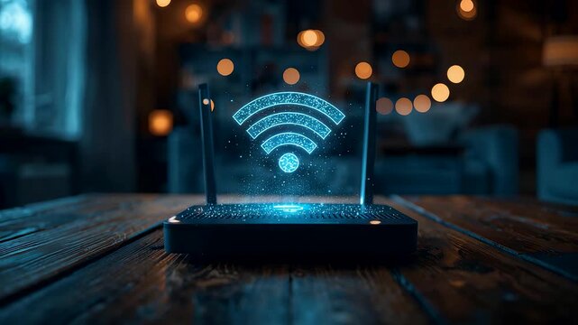 Glowing Wi-Fi Router Emitting Bright Blue Signal Waves on Wooden Table with Bokeh Lights