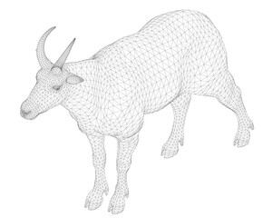 A 3D wireframe mountain goat with horns stands on a white background. This realistic animal model is perfect for design projects. Isometric view. 3D