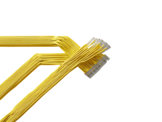 Yellow cables converge, connectors visible, black background