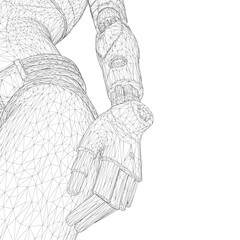 A robotic girl's hand with a black and white wireframe design is composed of intricate geometric shapes and lines.