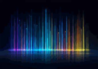 Kolorowe pionowe linie światła odbijające się w wodzie na ciemnym tle, abstrakcyjna grafika wektorowa.