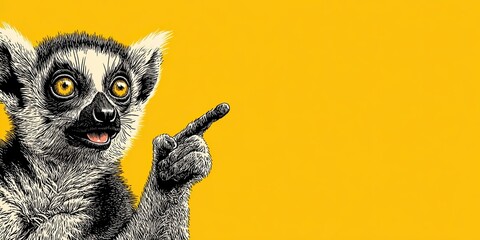 Obraz premium Lemur smiling, pointing finger to the side. Space for text. Solid color background. Cartoon look.