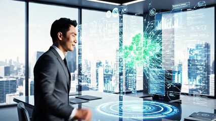 Businessperson in suit interacting with holographic data displays in high-rise office overlooking cityscape.