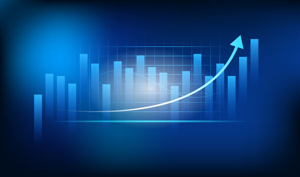 Financial growth bar chart with upward arrow trend on dark blue background showing business success