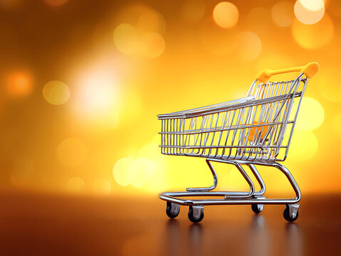 Golden metal shopping cart used for grocery and retail purchase against a golden background