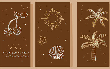 Letnia ilustracja wektorowa z motywami owoców, słońca, morza i palm na brązowym tle.