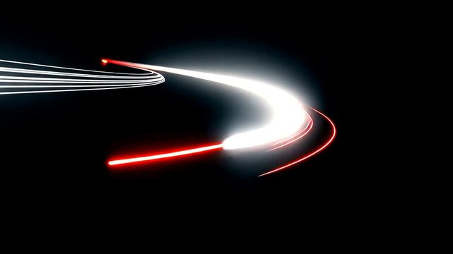 Curved red and white light trails on a dark background, evoking speed and dynamism