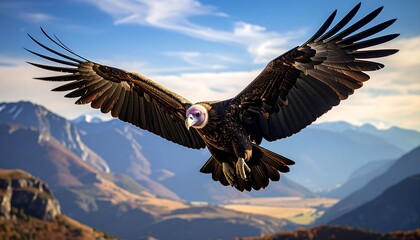 Fototapeta premium A large bird with outstretched wings soars against a backdrop of mountains and a blue sky. It is in mid-flight