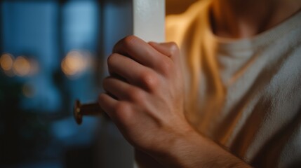 Close-up of fingers gripping doorknob with subtle ambient lighting — representing curiosity, suspenseful mood, and lifestyle or creative narrative imagery. cinematic color correction, natural