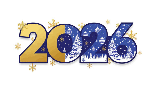 Happy new year 2026 text with a winter forest scene inside the numbers and snowflakes