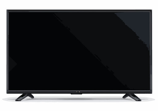 Nowoczesny telewizor LED z czarnym ekranem i cienką ramką, stojący na minimalistycznej podstawie.